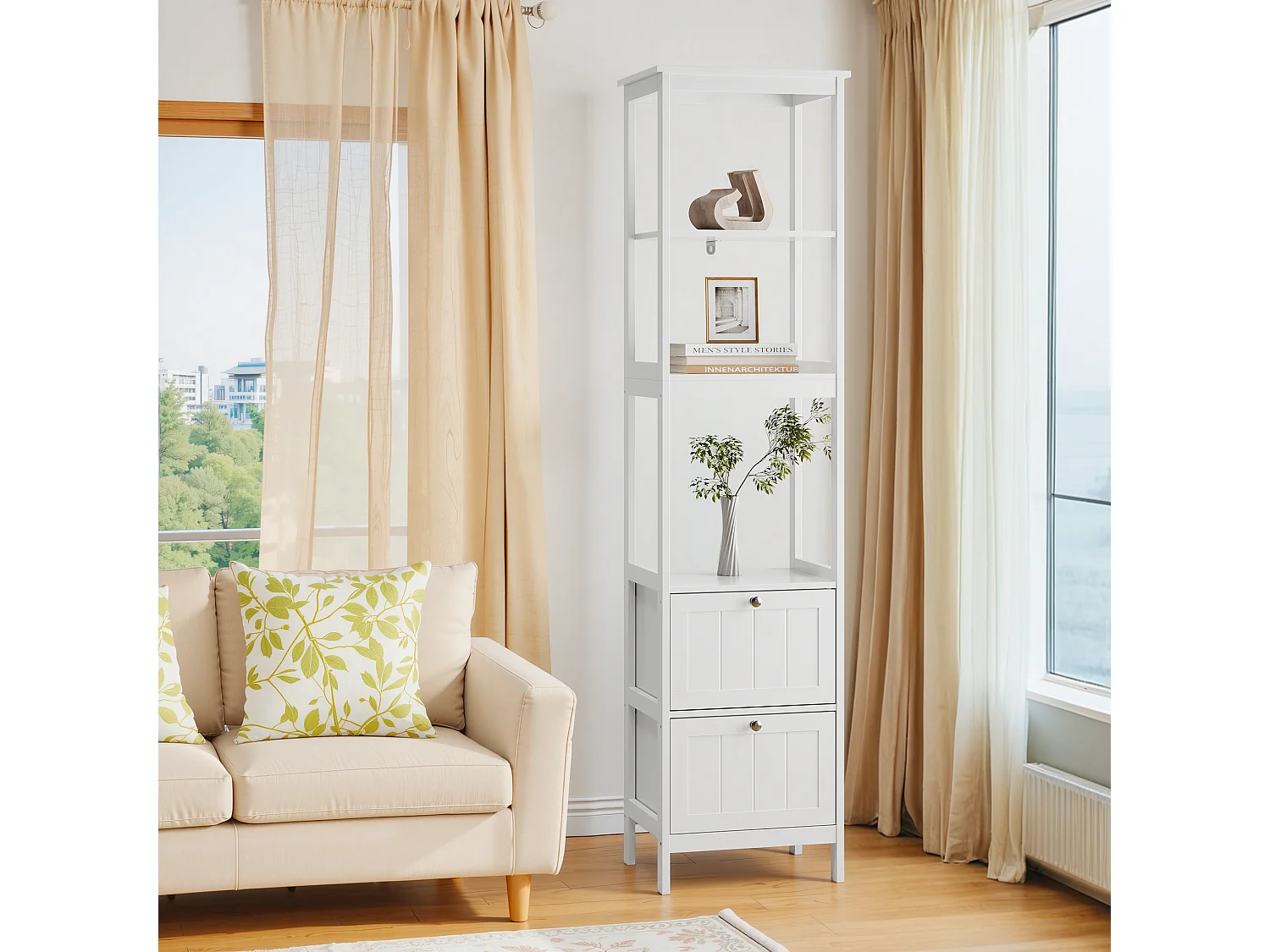 Meuble de rangement étroit pour salle de bain, avec 2 tiroirs et 3 étagères, bois, blanc (40x30x160 cm)