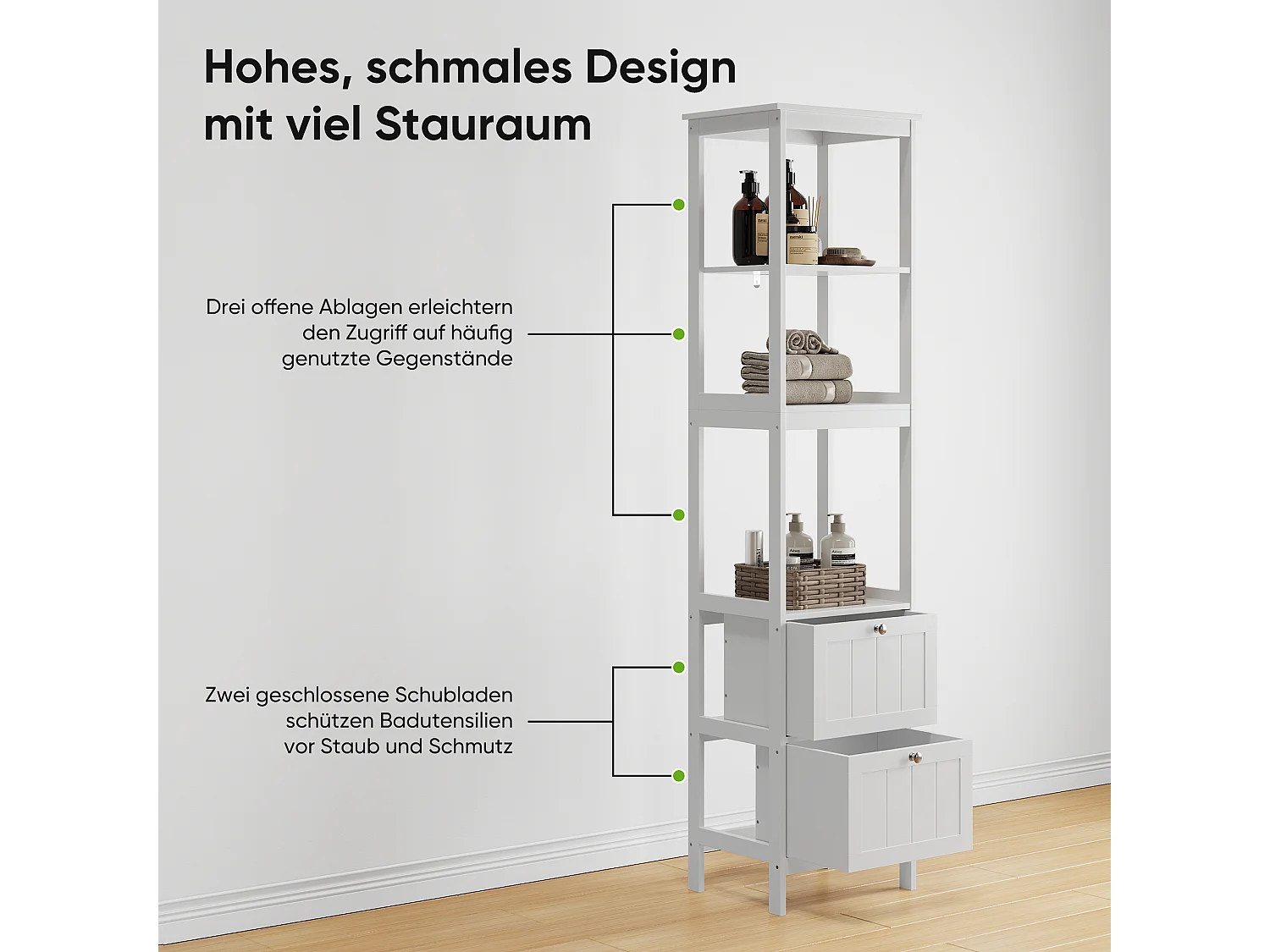 Meuble de rangement étroit pour salle de bain, avec 2 tiroirs et 3 étagères, bois, blanc (40x30x160 cm)