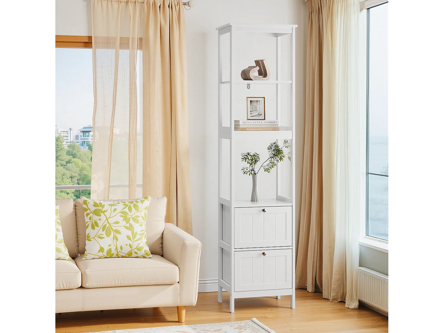 Meuble de rangement étroit pour salle de bain, avec 2 tiroirs et 3 étagères, bois, blanc (40x30x160 cm)