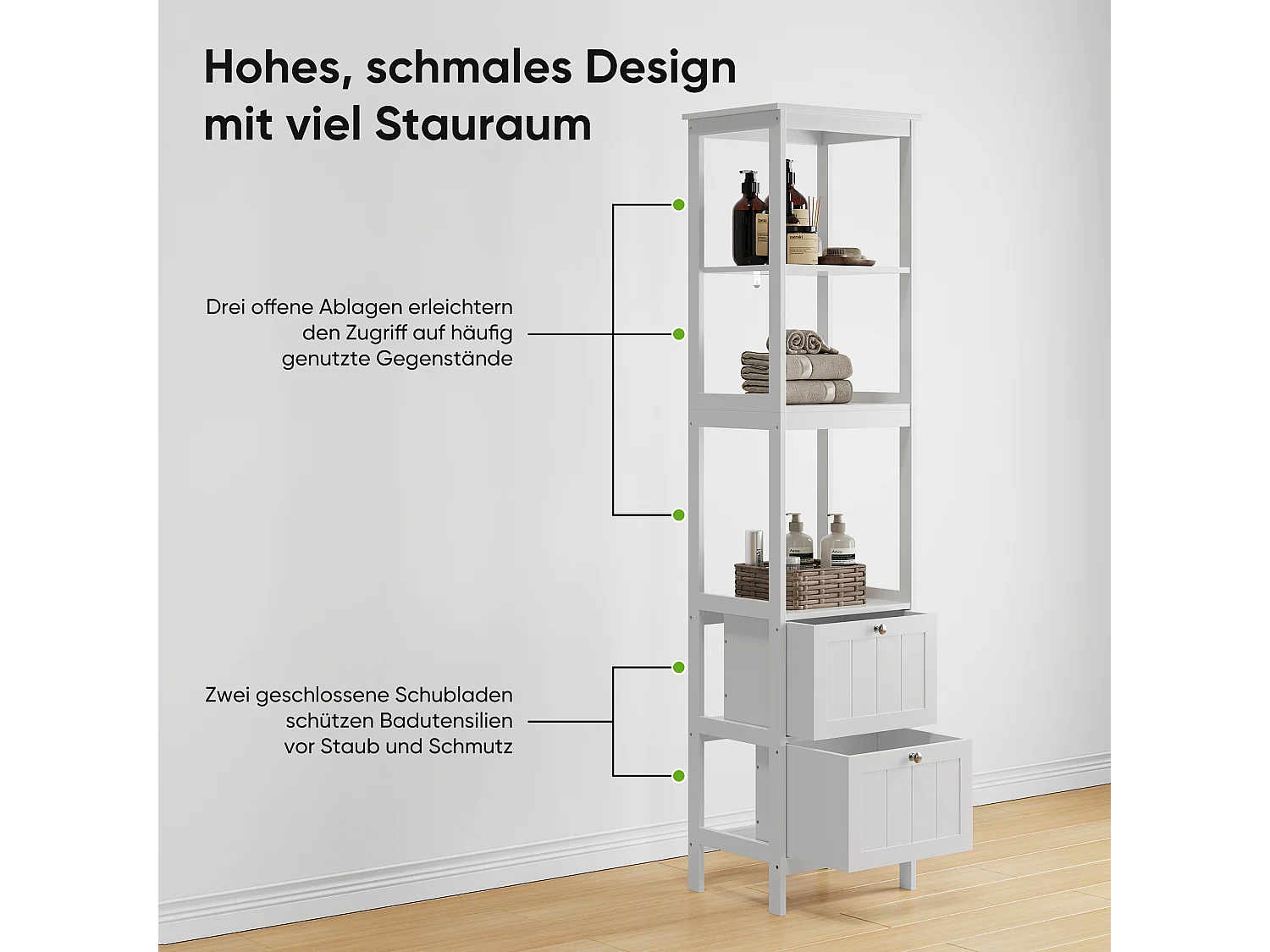 Meuble de rangement étroit pour salle de bain, avec 2 tiroirs et 3 étagères, bois, blanc (40x30x160 cm)