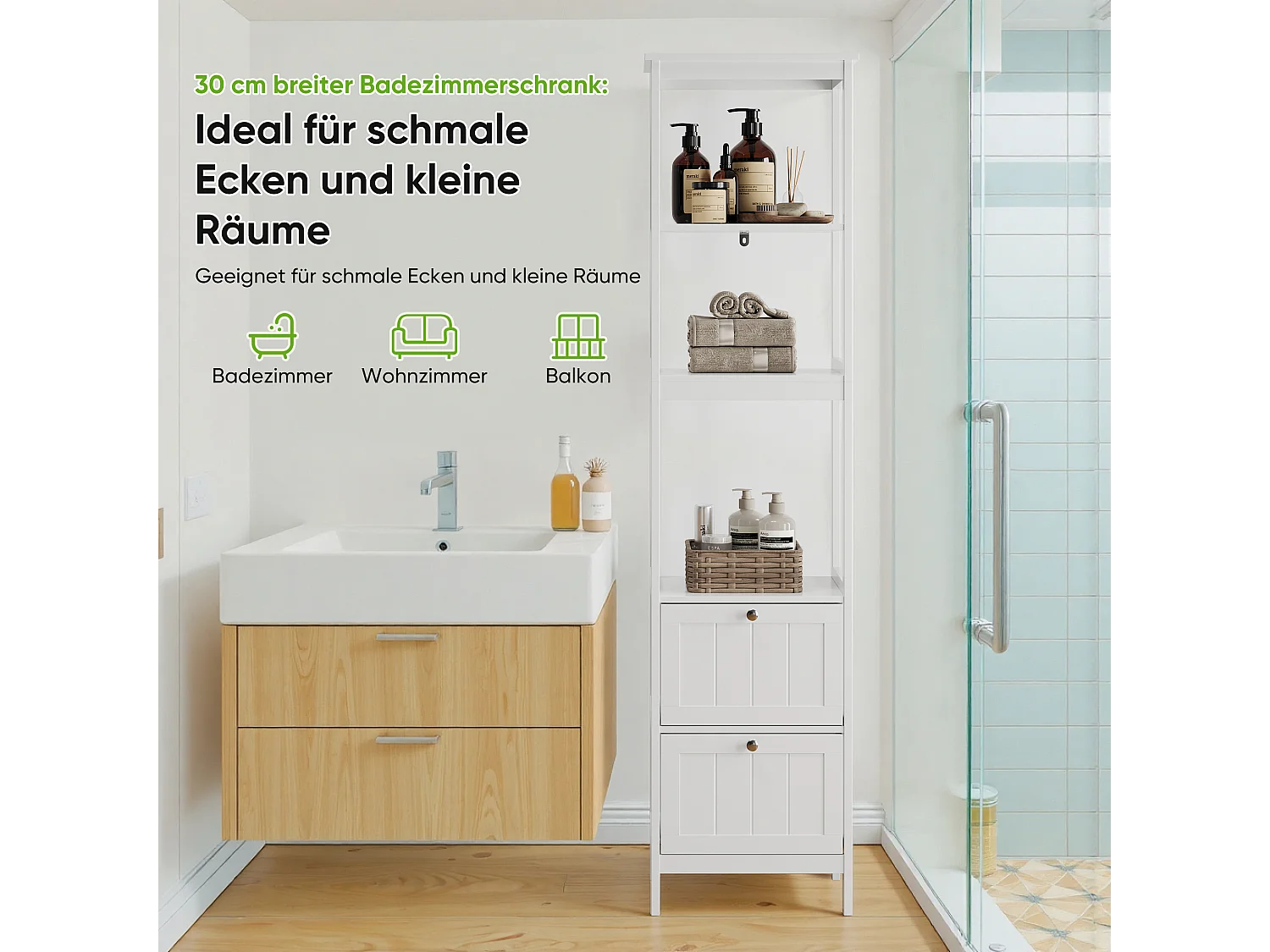 Meuble de rangement étroit pour salle de bain, avec 2 tiroirs et 3 étagères, bois, blanc (40x30x160 cm)