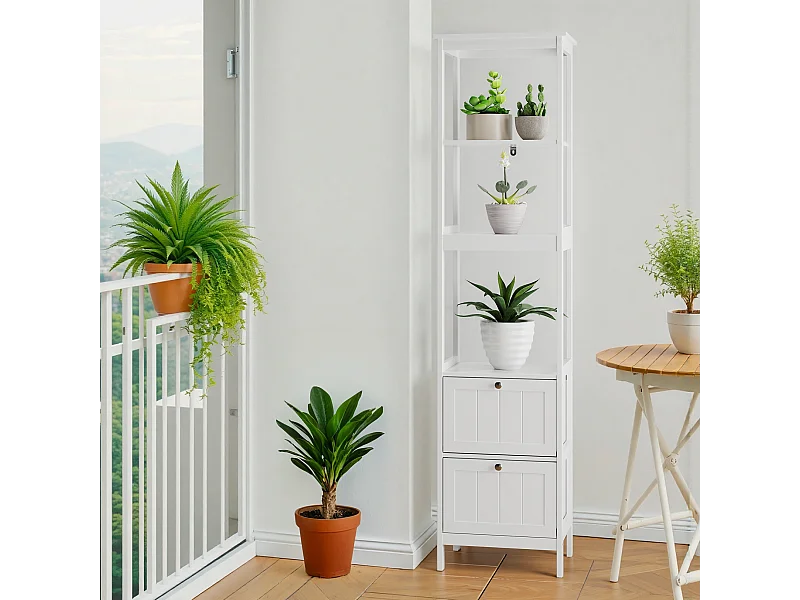 Meuble de rangement étroit pour salle de bain, avec 2 tiroirs et 3 étagères, bois, blanc (40x30x160 cm)