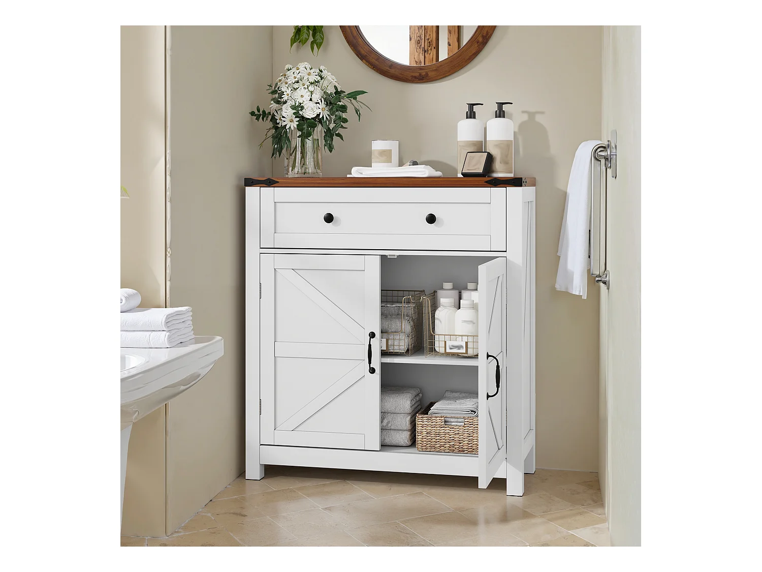 Meuble de rangement avec tiroirs et étagères ajustables, cuisine, salle de bain, entrée, MDF, blanc et noyer (76x30x83 cm)