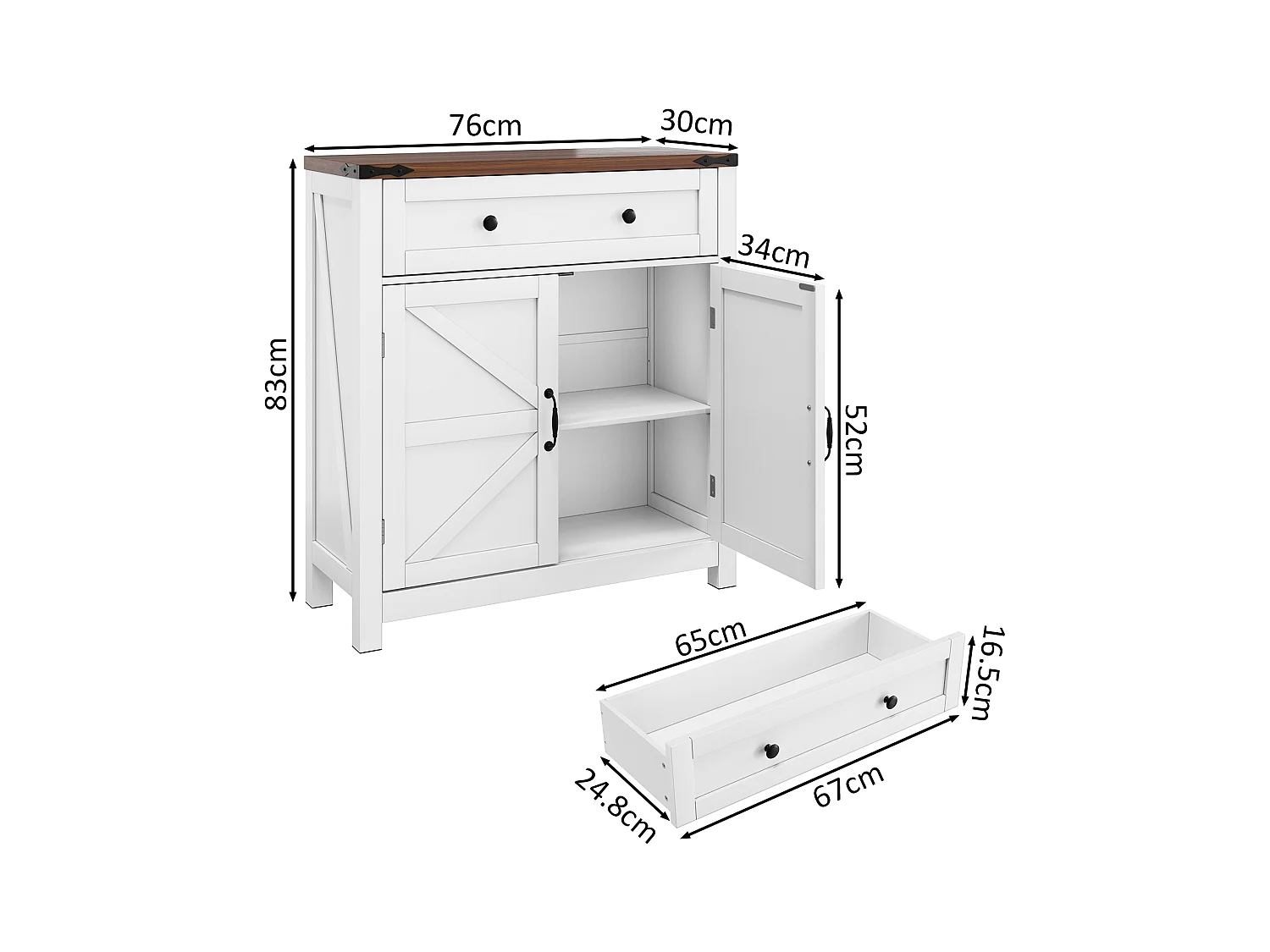 Meuble de rangement avec tiroirs et étagères ajustables, cuisine, salle de bain, entrée, MDF, blanc et noyer (76x30x83 cm)