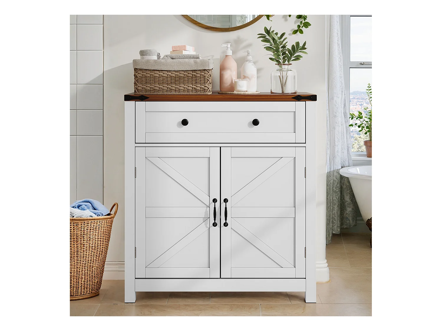 Meuble de rangement avec tiroirs et étagères ajustables, cuisine, salle de bain, entrée, MDF, blanc et noyer (76x30x83 cm)