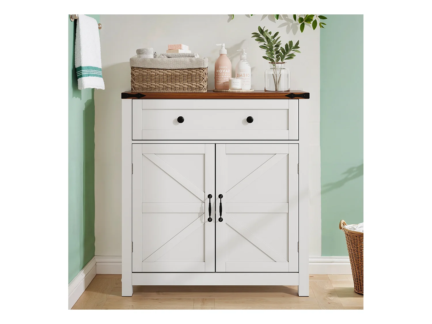 Meuble de rangement avec tiroirs et étagères ajustables, cuisine, salle de bain, entrée, MDF, blanc et noyer (76x30x83 cm)