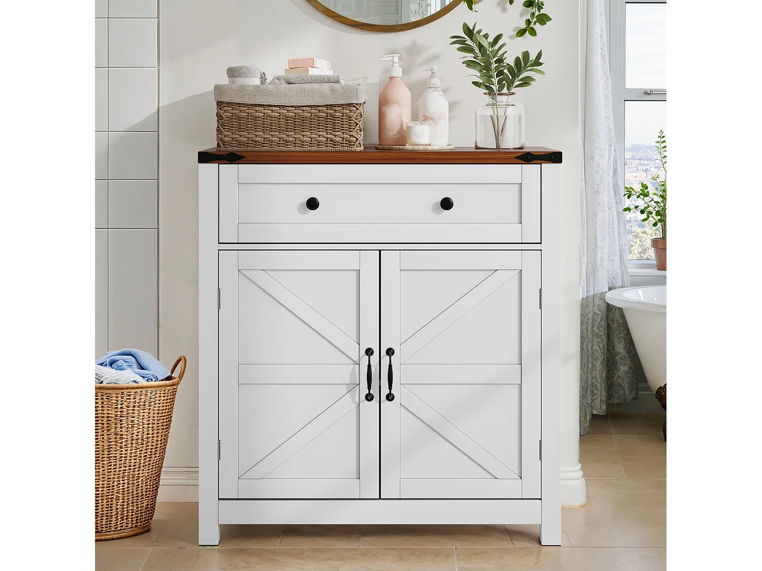 Meuble de rangement avec tiroirs et étagères ajustables, cuisine, salle de bain, entrée, MDF, blanc et noyer (76x30x83 cm)