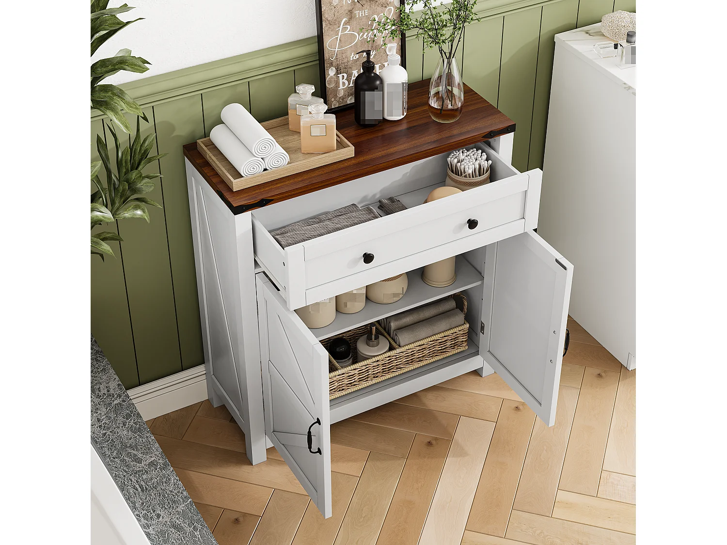 Meuble de rangement avec tiroirs et étagères ajustables, cuisine, salle de bain, entrée, MDF, blanc et noyer (76x30x83 cm)