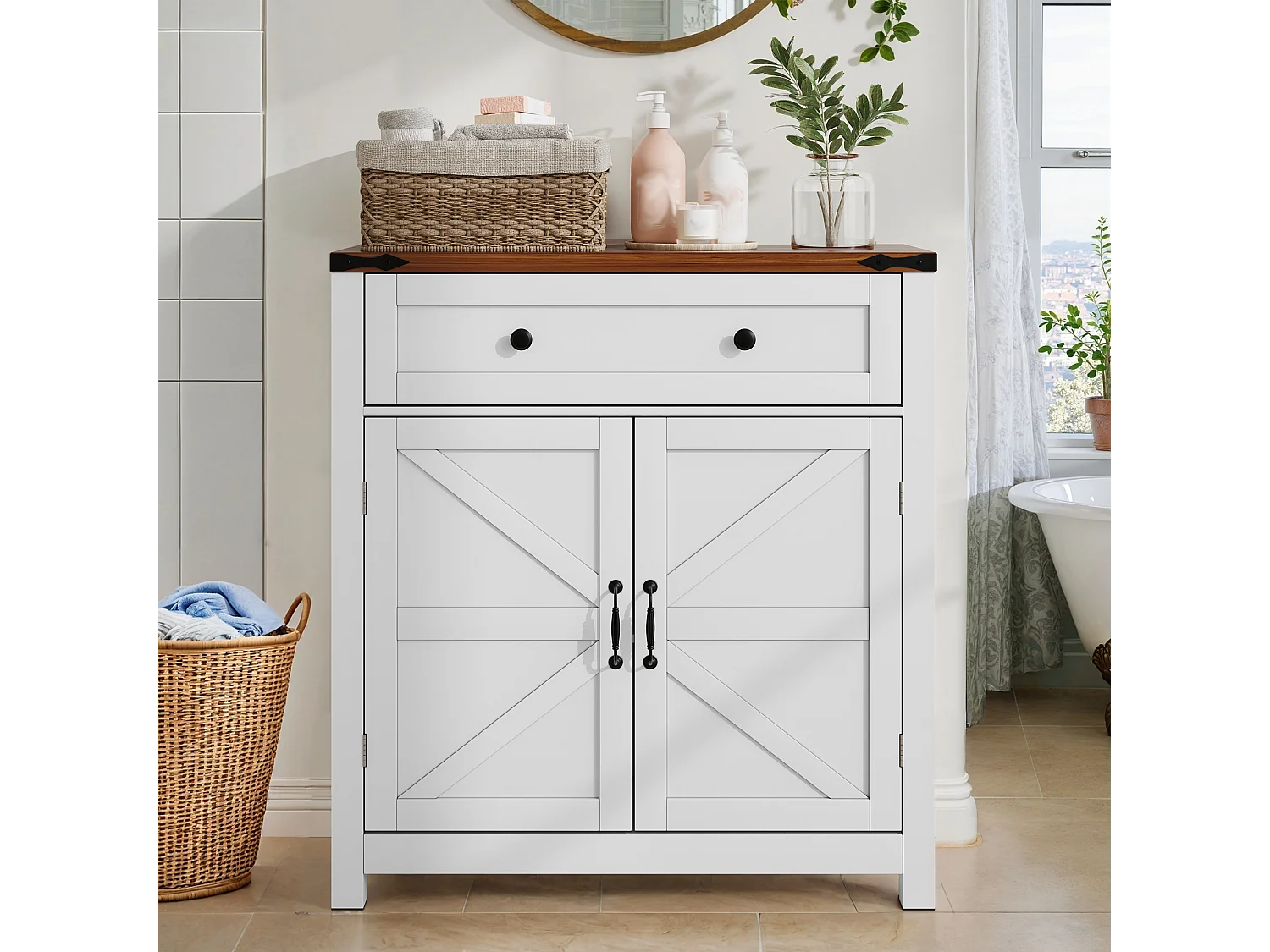 Opbergmeubel met lades en verstelbare planken, keuken, badkamer, entree, MDF, wit en notenhout (76x30x83 cm)