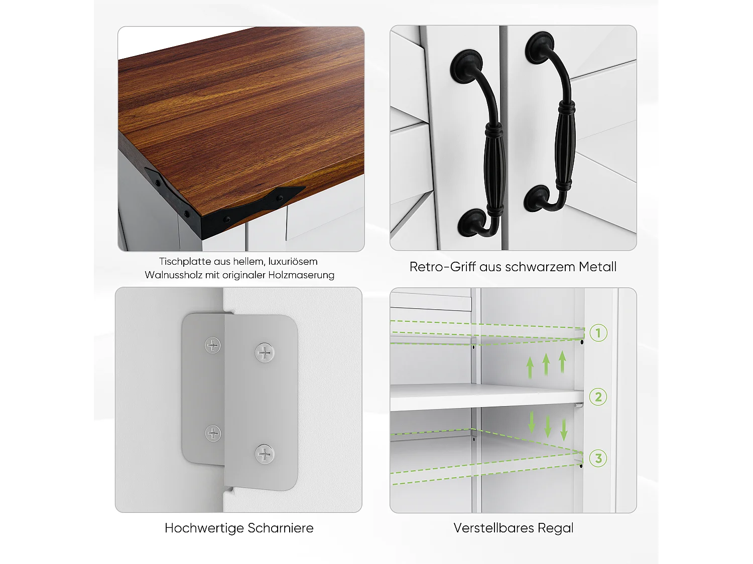 Opbergmeubel met lades en verstelbare planken, keuken, badkamer, entree, MDF, wit en notenhout (76x30x83 cm)