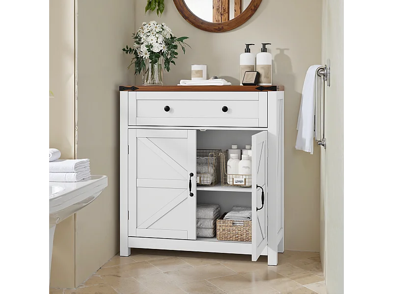 Opbergmeubel met lades en verstelbare planken, keuken, badkamer, entree, MDF, wit en notenhout (76x30x83 cm)