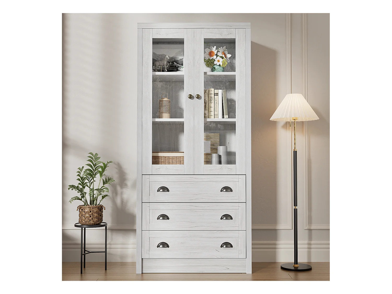 Hoge kast met 2 glazen deuren, 3 laden, MDF, licht hout (80x34x171 cm)