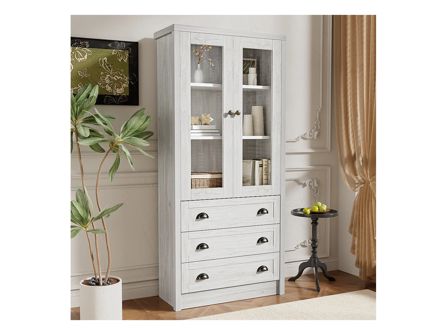 Hoge kast met 2 glazen deuren, 3 laden, MDF, licht hout (80x34x171 cm)