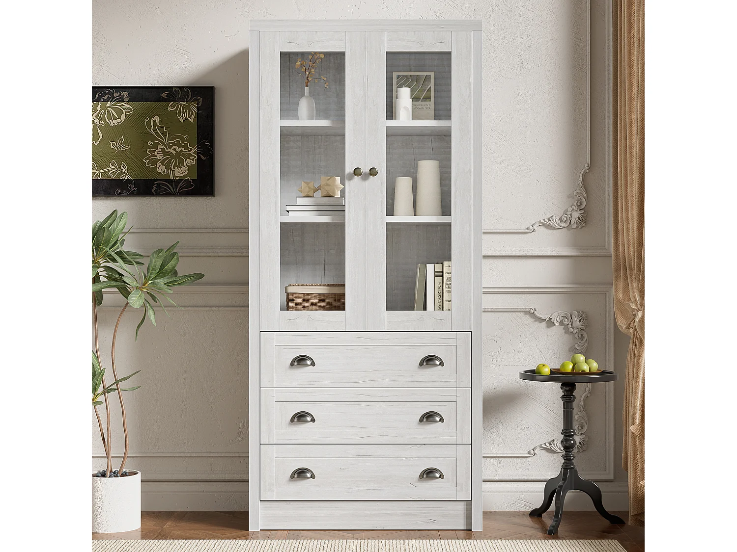 Armoire haute avec 2 portes vitrées, 3 tiroirs, MDF, bois clair (80x34x171 cm)