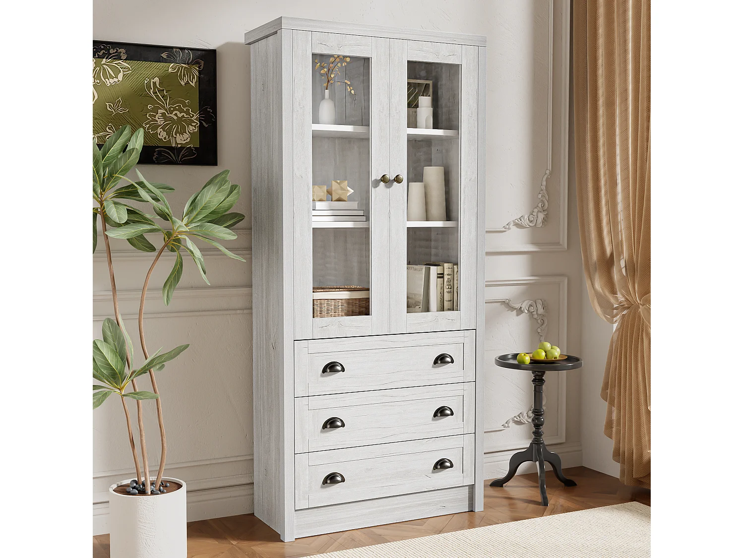 Armoire haute avec 2 portes vitrées, 3 tiroirs, MDF, bois clair (80x34x171 cm)