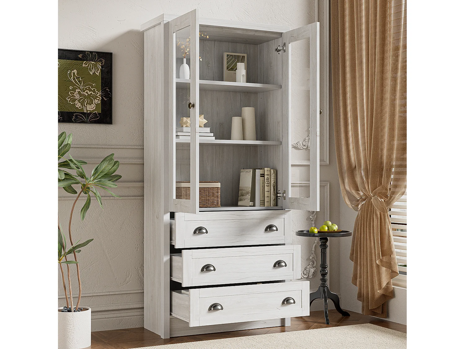 Armoire haute avec 2 portes vitrées, 3 tiroirs, MDF, bois clair (80x34x171 cm)