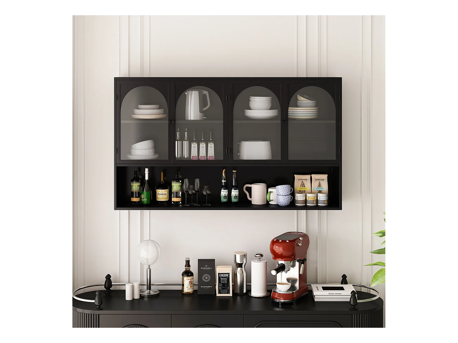 Armoire murale à 4 portes en verre, rangement moderne, métal et verre, noir (120x23x70 cm)