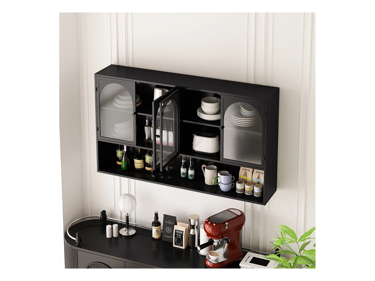 Armoire murale à 4 portes en verre, rangement moderne, métal et verre, noir (120x23x70 cm)