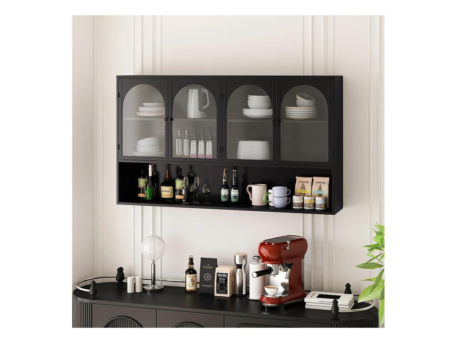Armoire murale à 4 portes en verre, rangement moderne, métal et verre, noir (120x23x70 cm)