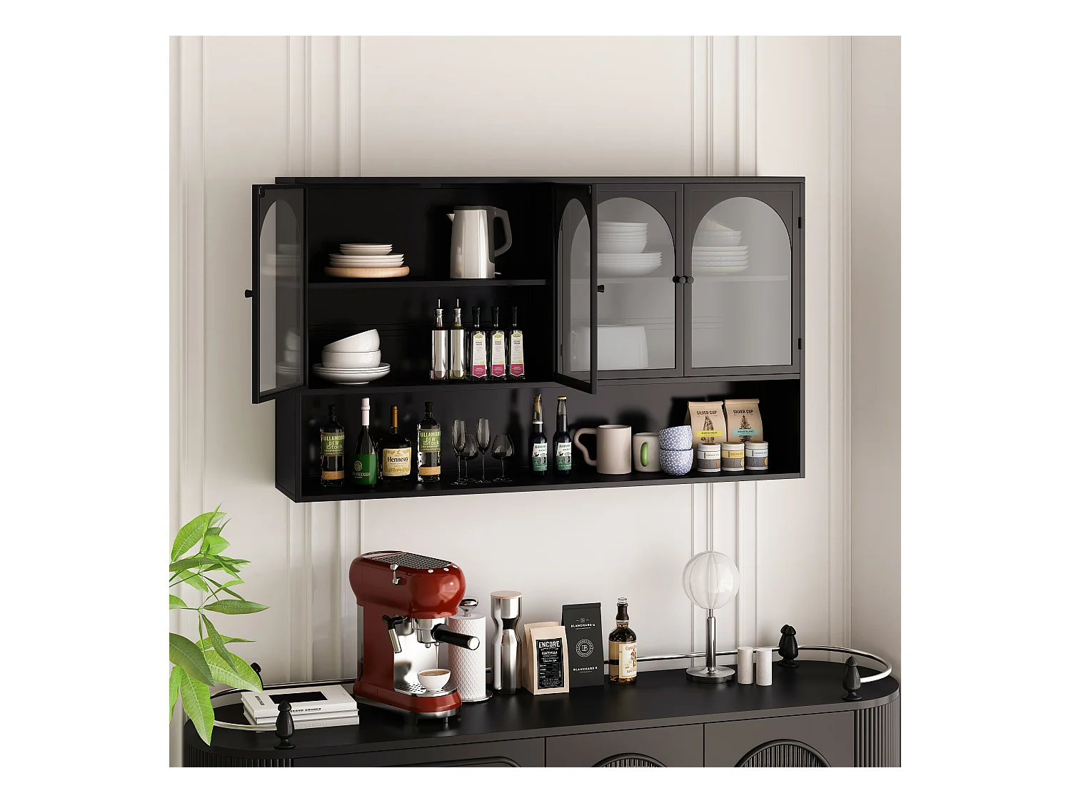 Armoire murale à 4 portes en verre, rangement moderne, métal et verre, noir (120x23x70 cm)