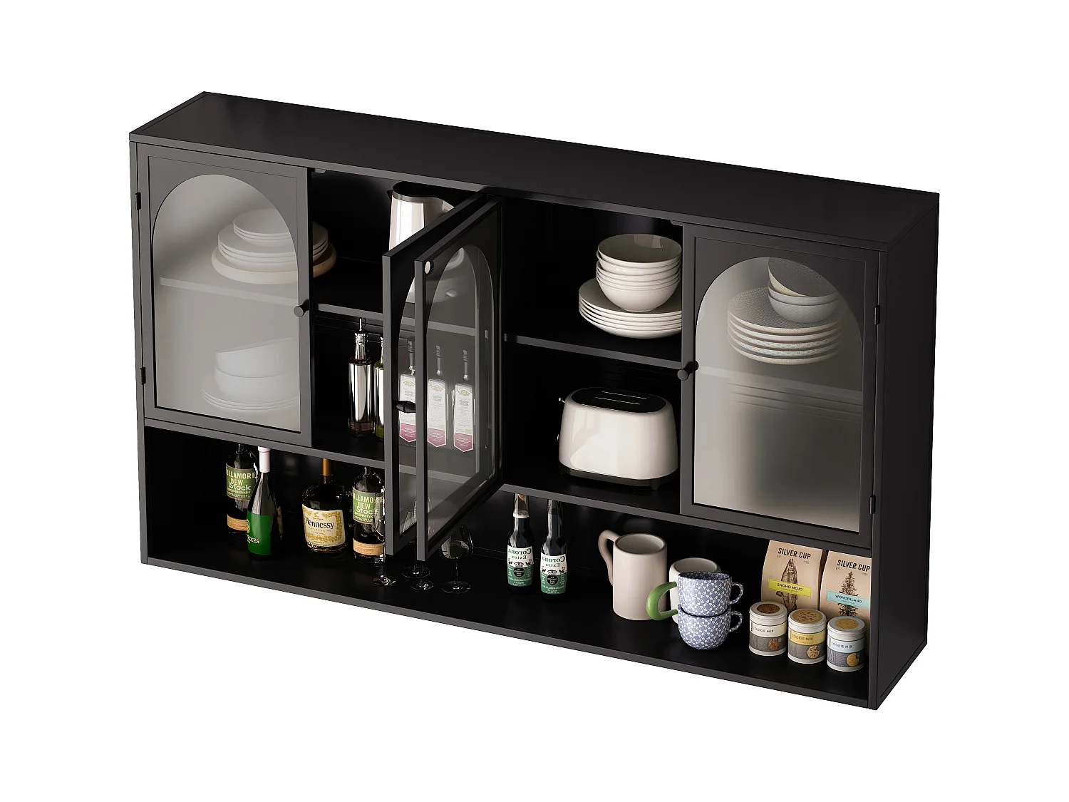 Armoire murale à 4 portes en verre, rangement moderne, métal et verre, noir (120x23x70 cm)