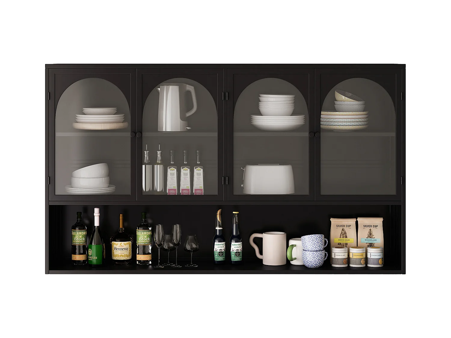 Armoire murale à 4 portes en verre, rangement moderne, métal et verre, noir (120x23x70 cm)