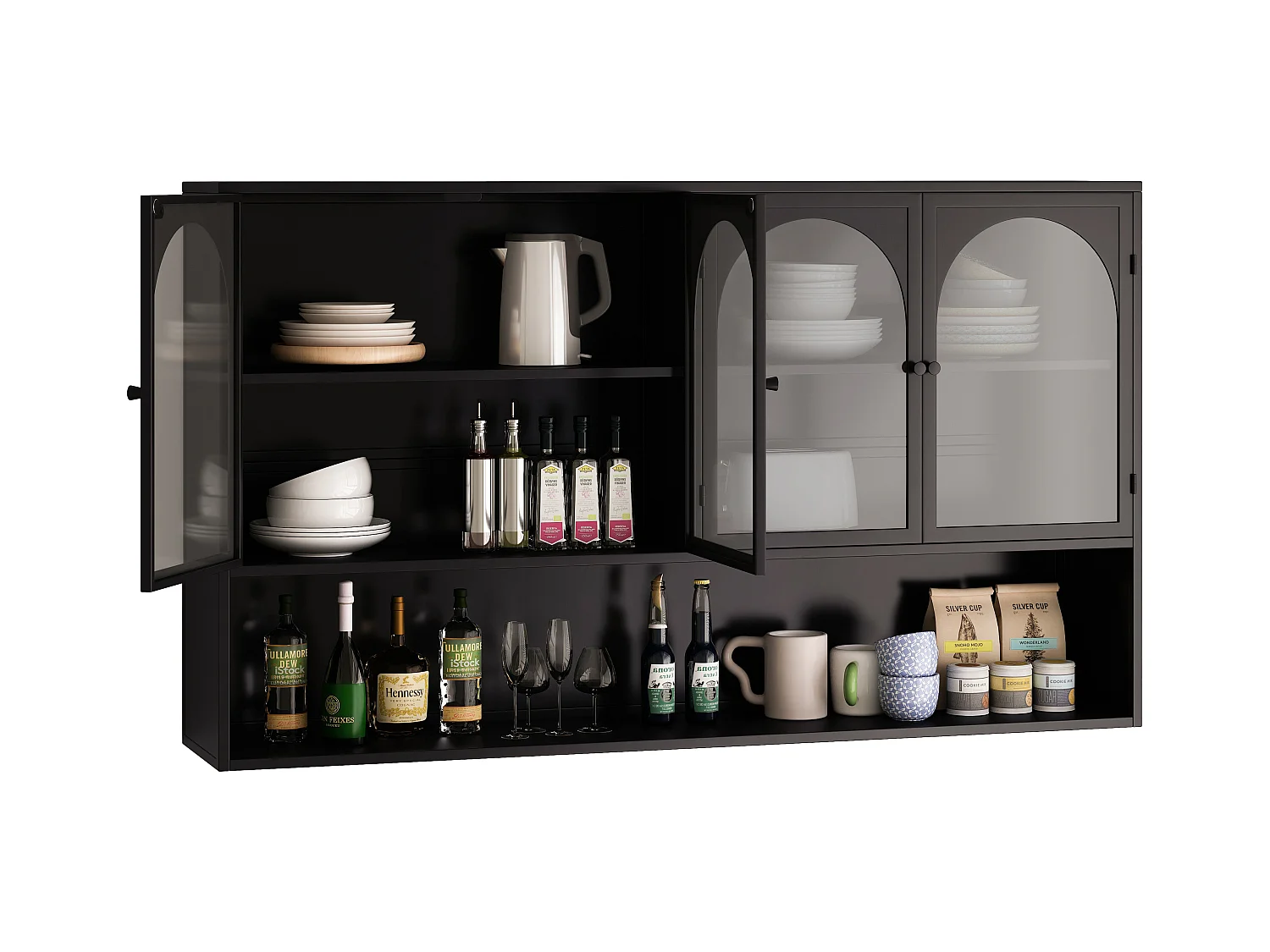 Armoire murale à 4 portes en verre, rangement moderne, métal et verre, noir (120x23x70 cm)