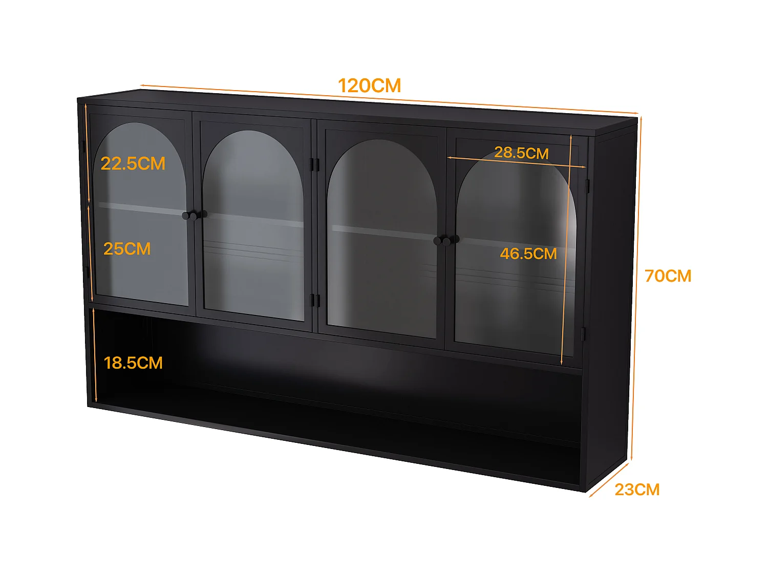 Armoire murale à 4 portes en verre, rangement moderne, métal et verre, noir (120x23x70 cm)