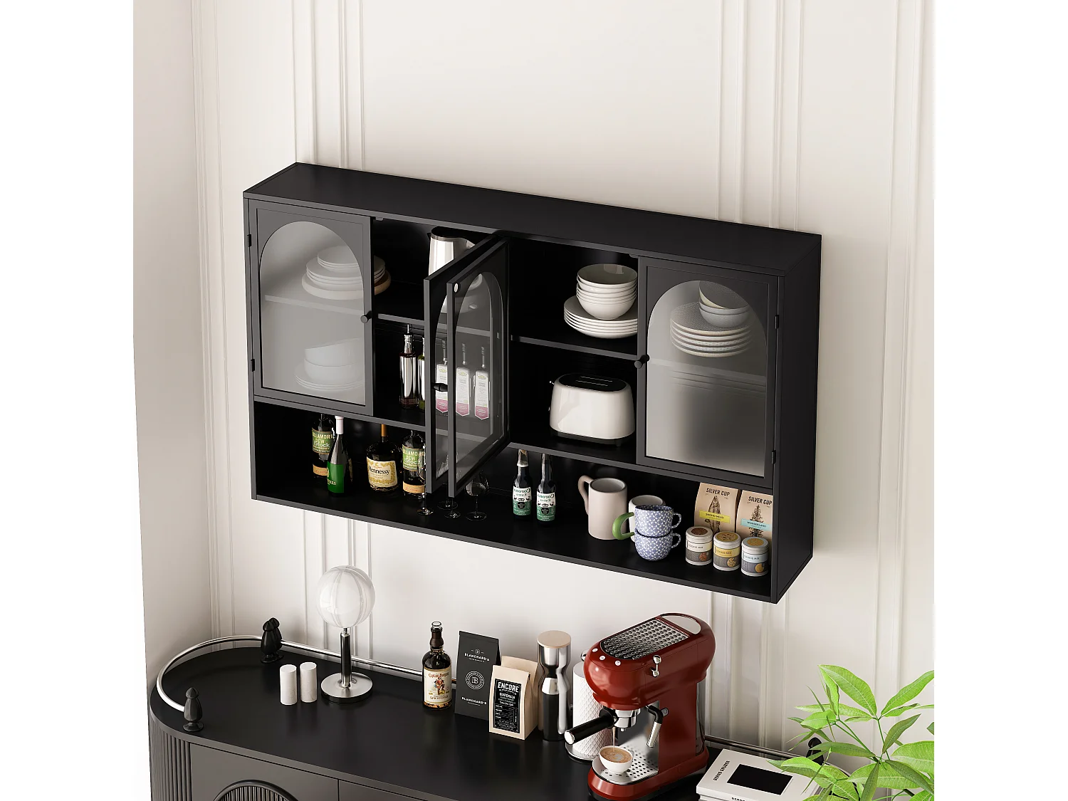 Armoire murale à 4 portes en verre, rangement moderne, métal et verre, noir (120x23x70 cm)