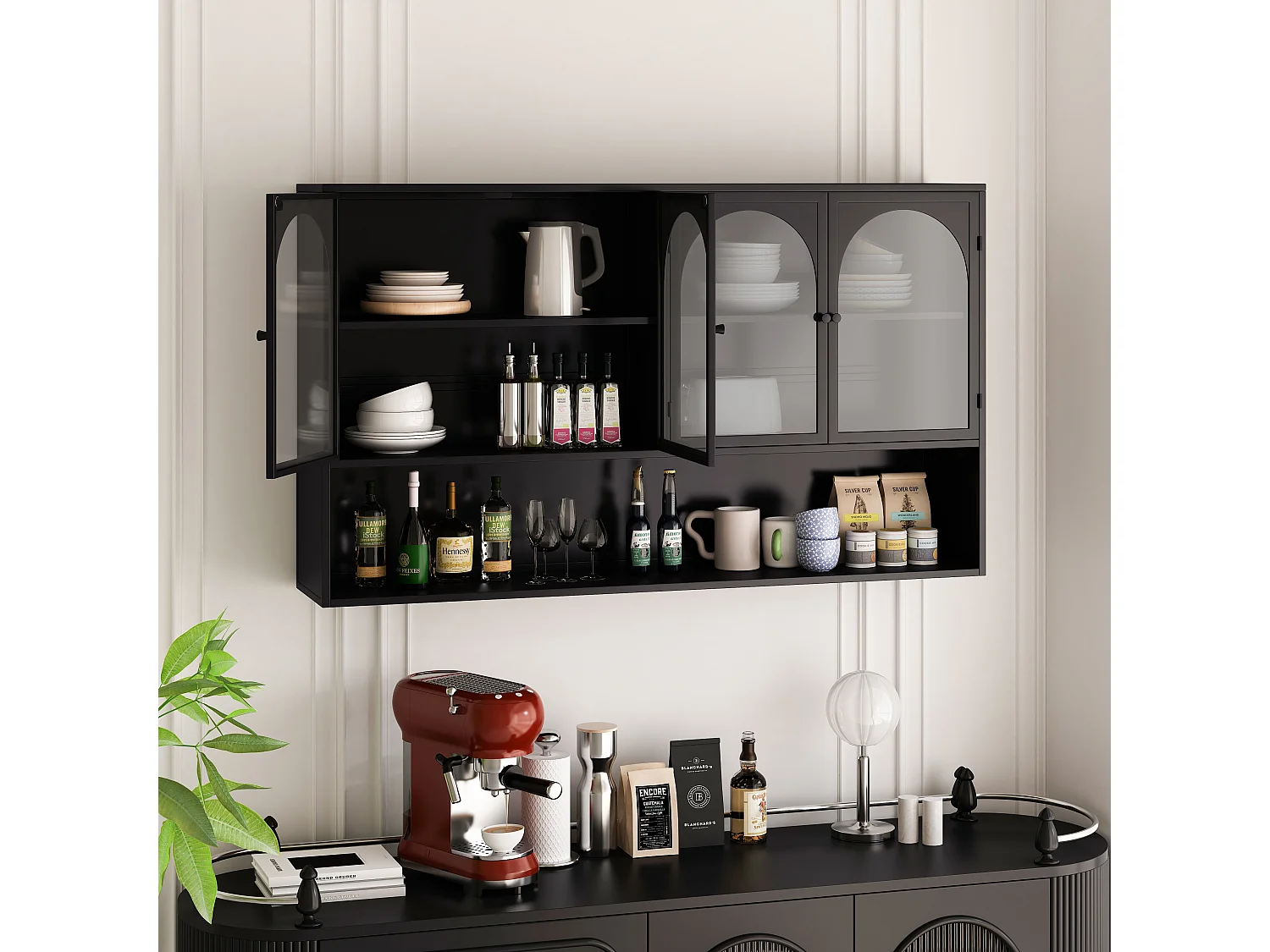 Armoire murale à 4 portes en verre, rangement moderne, métal et verre, noir (120x23x70 cm)