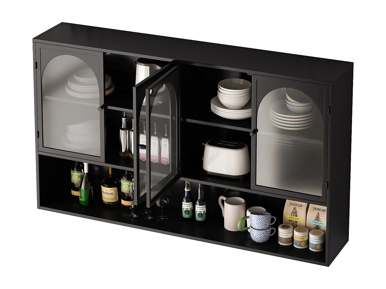 Armoire murale à 4 portes en verre, rangement moderne, métal et verre, noir (120x23x70 cm)