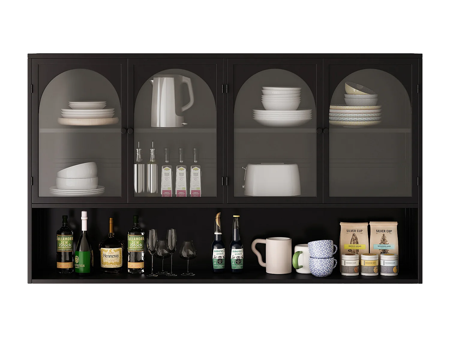 Armoire murale à 4 portes en verre, rangement moderne, métal et verre, noir (120x23x70 cm)