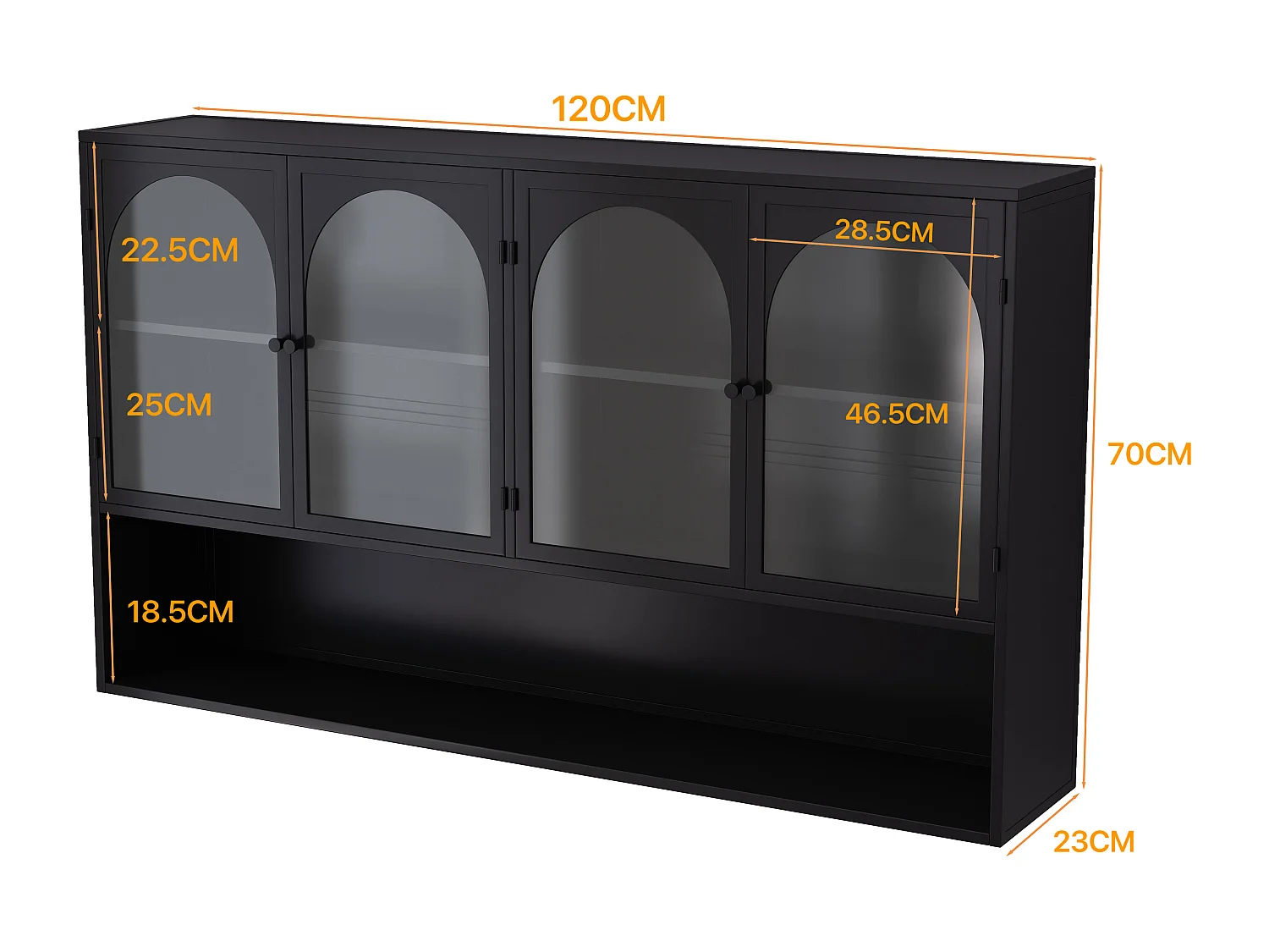 Armoire murale à 4 portes en verre, rangement moderne, métal et verre, noir (120x23x70 cm)