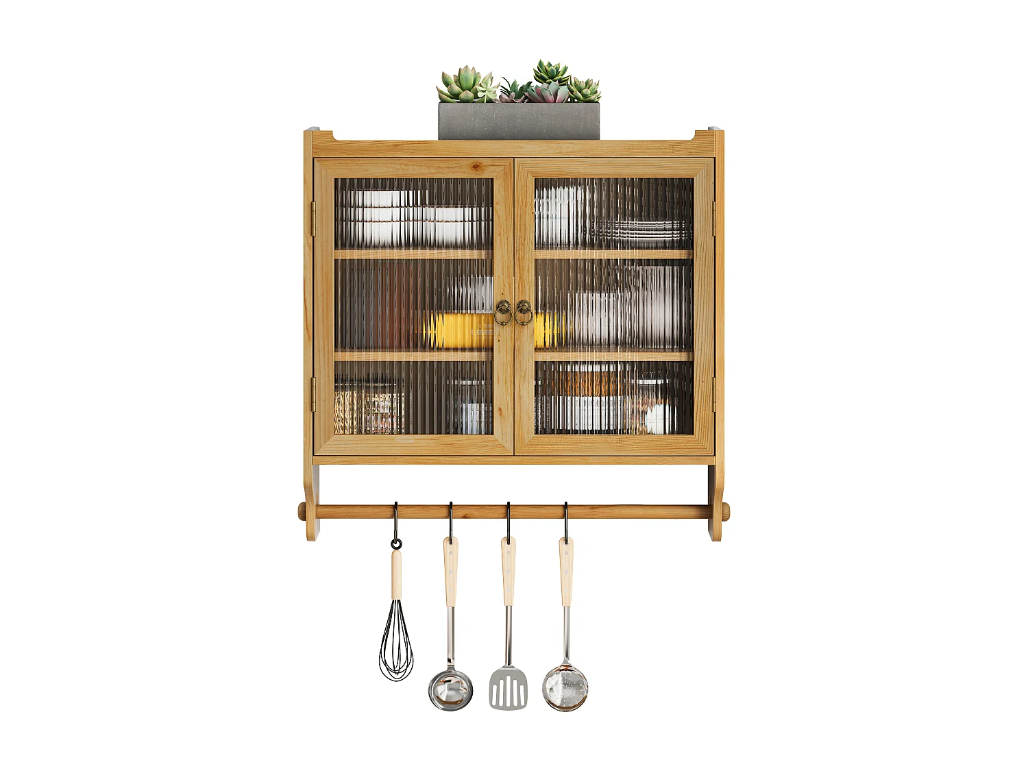 2-deurs glazen wandkast, vintage opbergruimte, massief hout en MDF, natuurlijke houtkleur (63x18x60 cm)