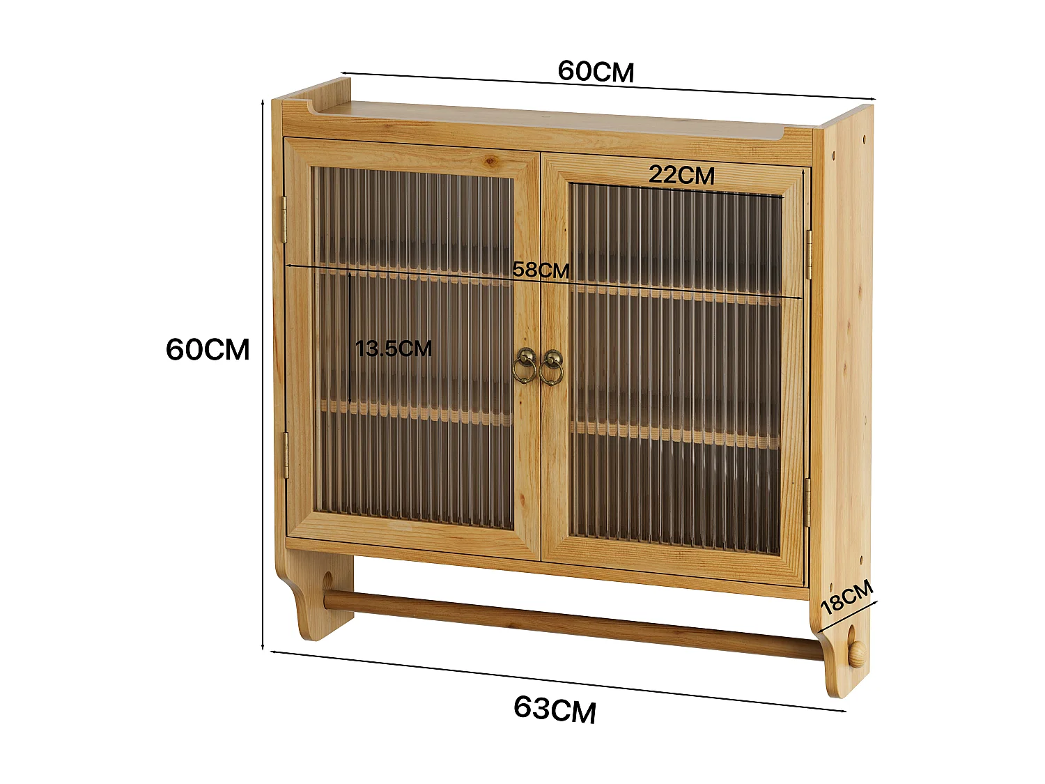 Armoire murale à 2 portes en verre, rangement vintage, bois massif et MDF, couleur bois naturel (63x18x60 cm)