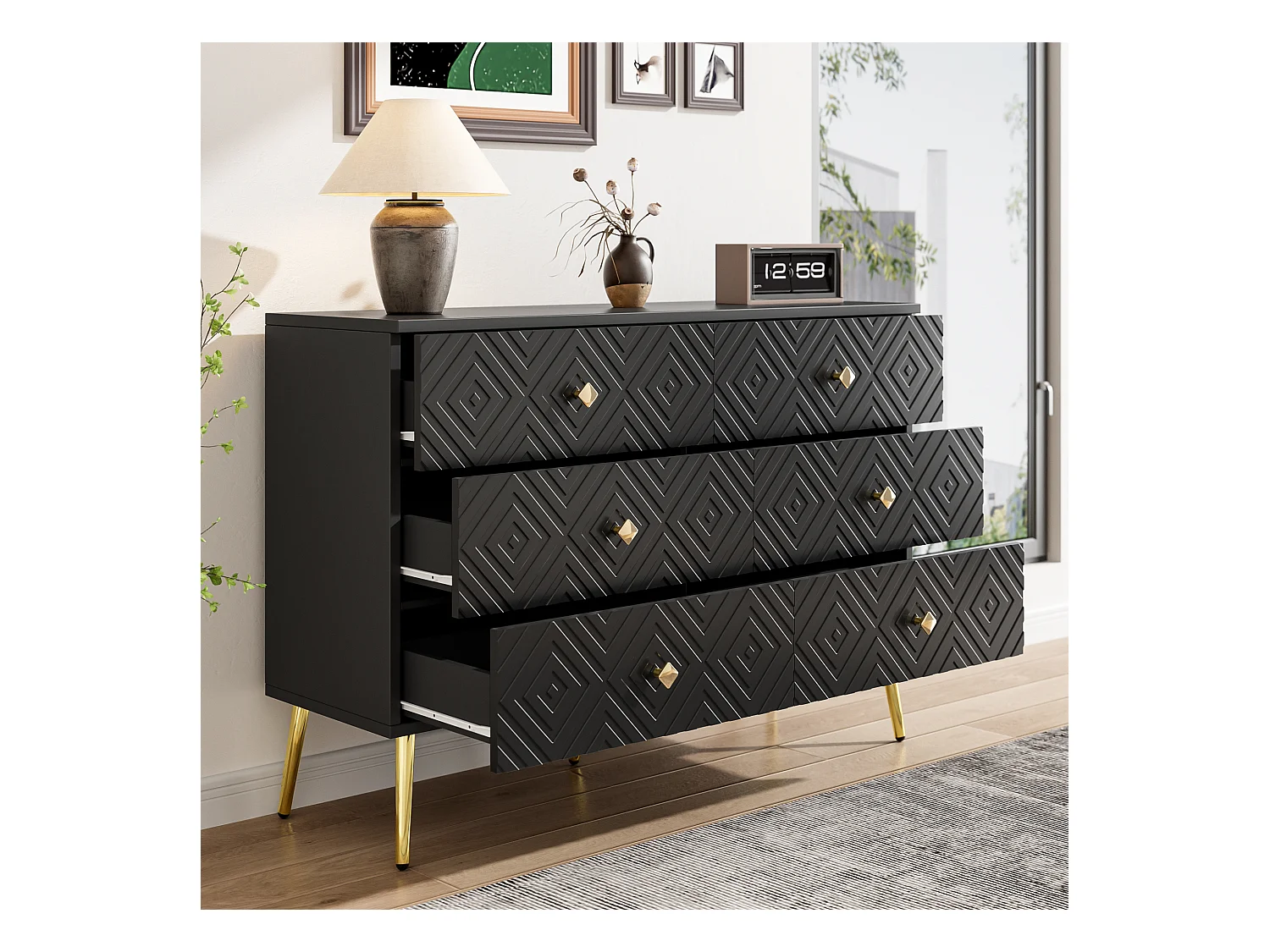 Commode moderne 6 tiroirs, métal, noir et doré, pieds métalliques pour stabilité (120x40x80 cm)