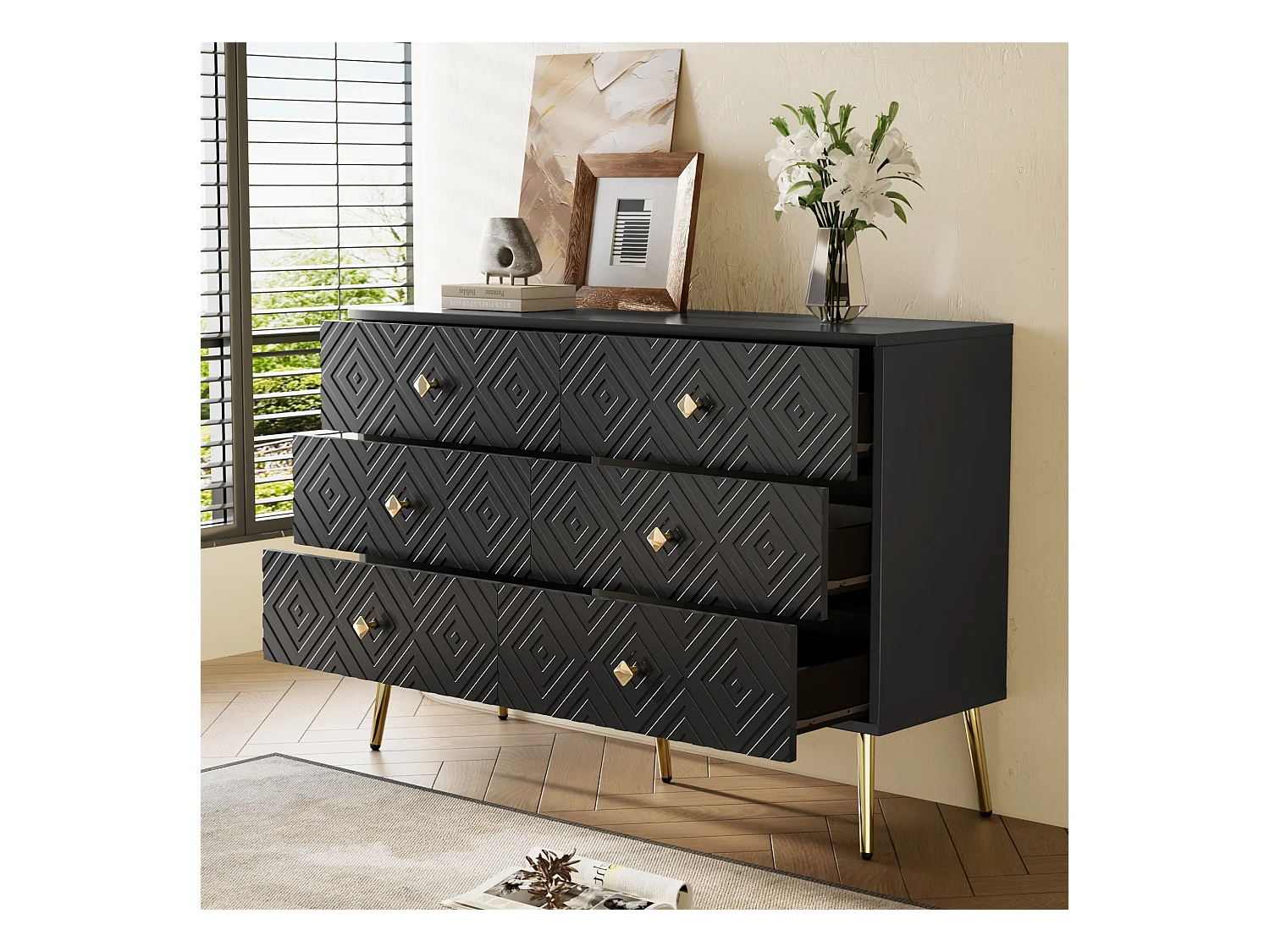 Commode moderne 6 tiroirs, métal, noir et doré, pieds métalliques pour stabilité (120x40x80 cm)