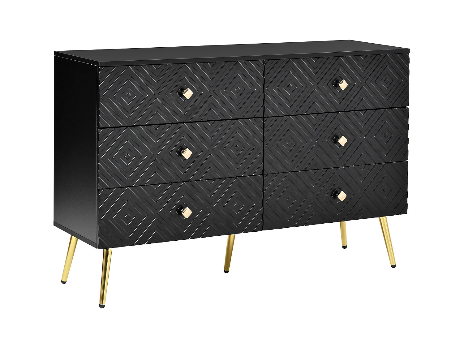 Commode moderne 6 tiroirs, métal, noir et doré, pieds métalliques pour stabilité (120x40x80 cm)