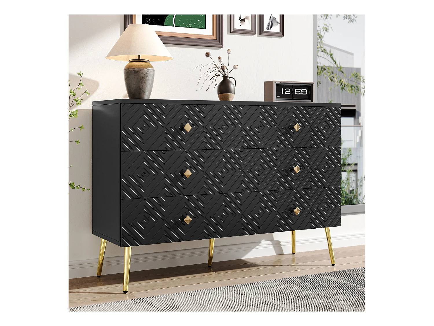 Commode moderne 6 tiroirs, métal, noir et doré, pieds métalliques pour stabilité (120x40x80 cm)