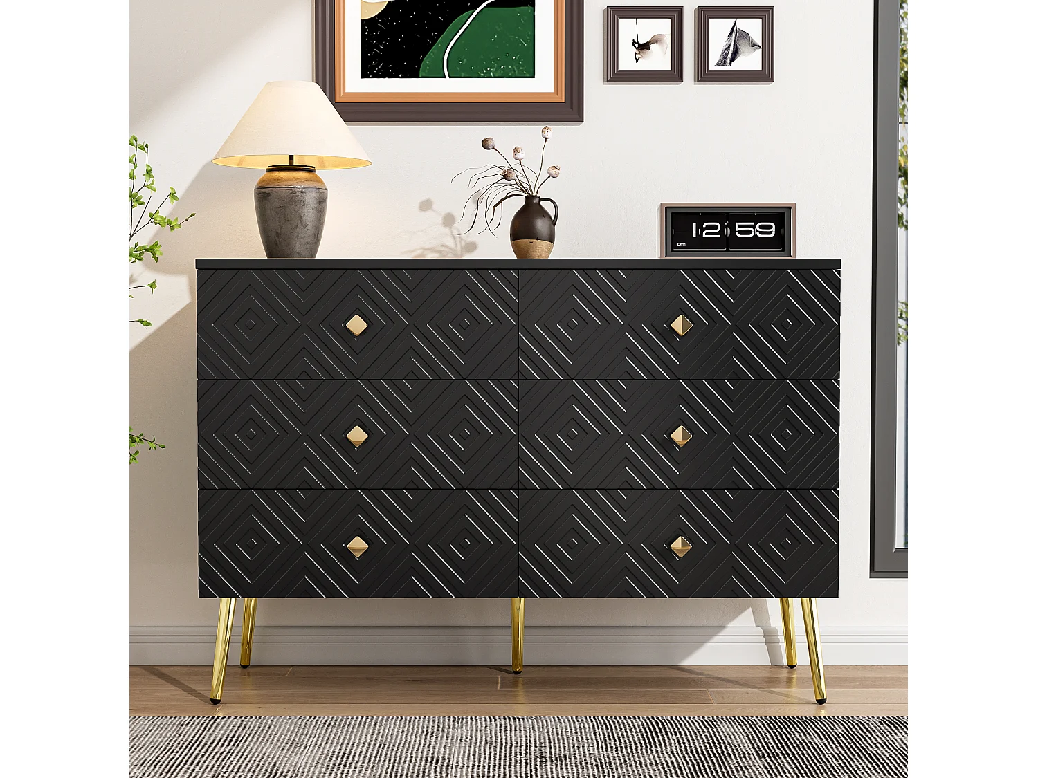 Commode moderne 6 tiroirs, métal, noir et doré, pieds métalliques pour stabilité (120x40x80 cm)