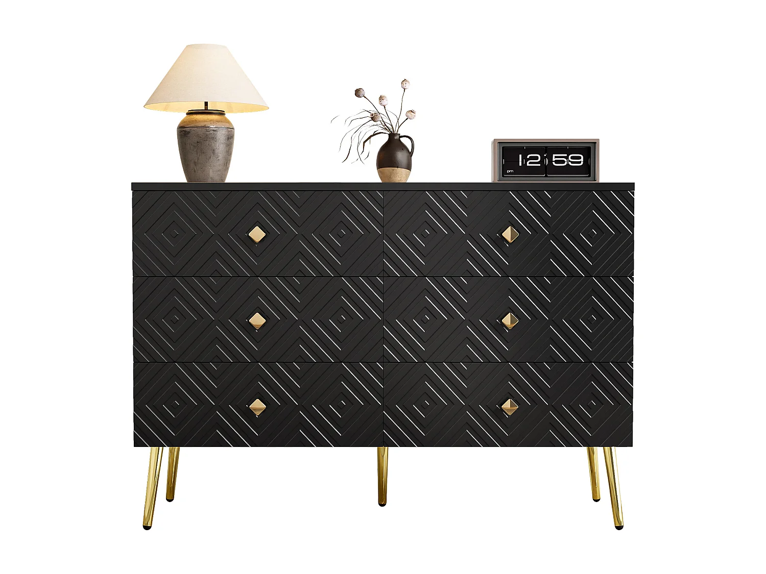 Commode moderne 6 tiroirs, métal, noir et doré, pieds métalliques pour stabilité (120x40x80 cm)