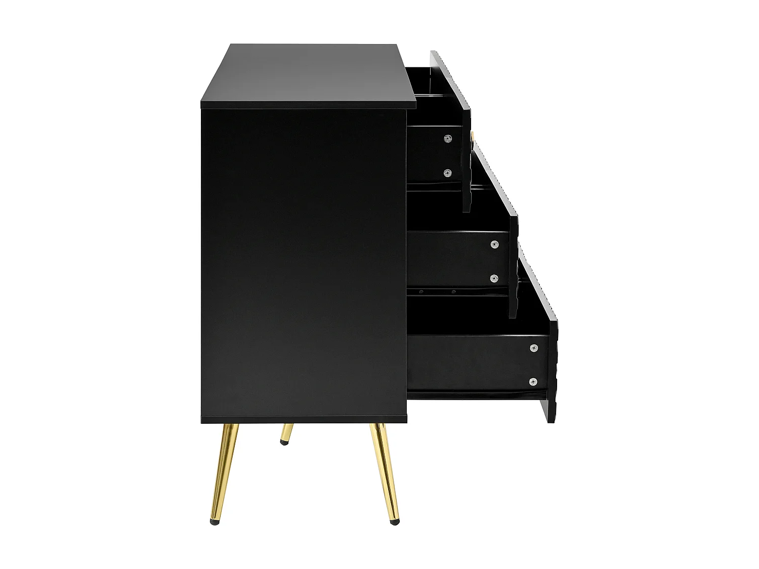 Commode moderne 6 tiroirs, métal, noir et doré, pieds métalliques pour stabilité (120x40x80 cm)