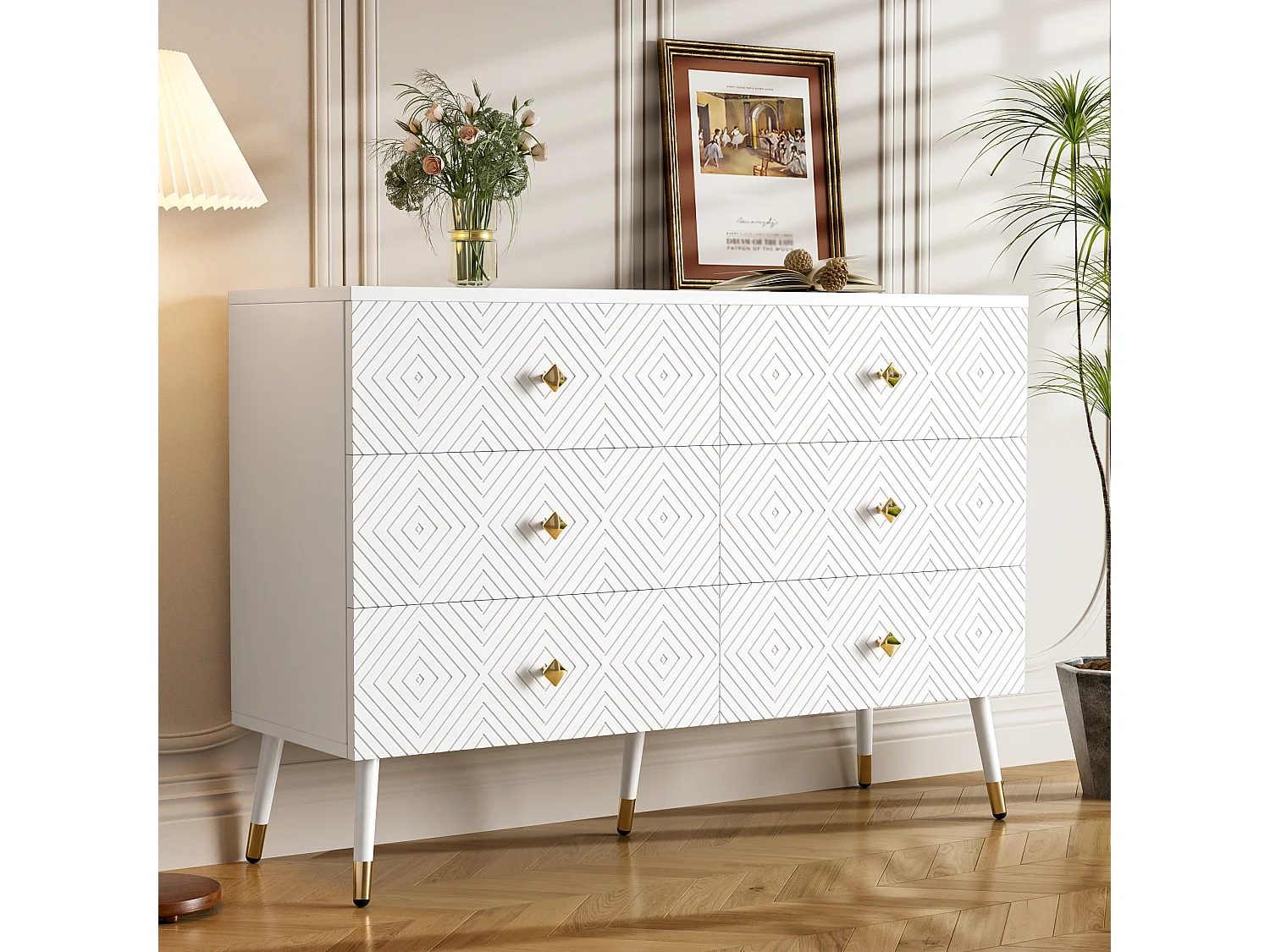 Commode moderne 6 tiroirs, MDF, blanc (120x40x80 cm)