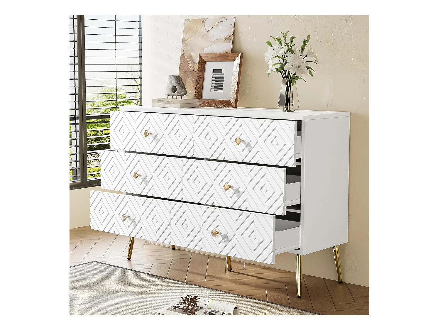 Moderne ladekast met 6 laden, MDF, wit en goud, metalen poten (120x40x80 cm)