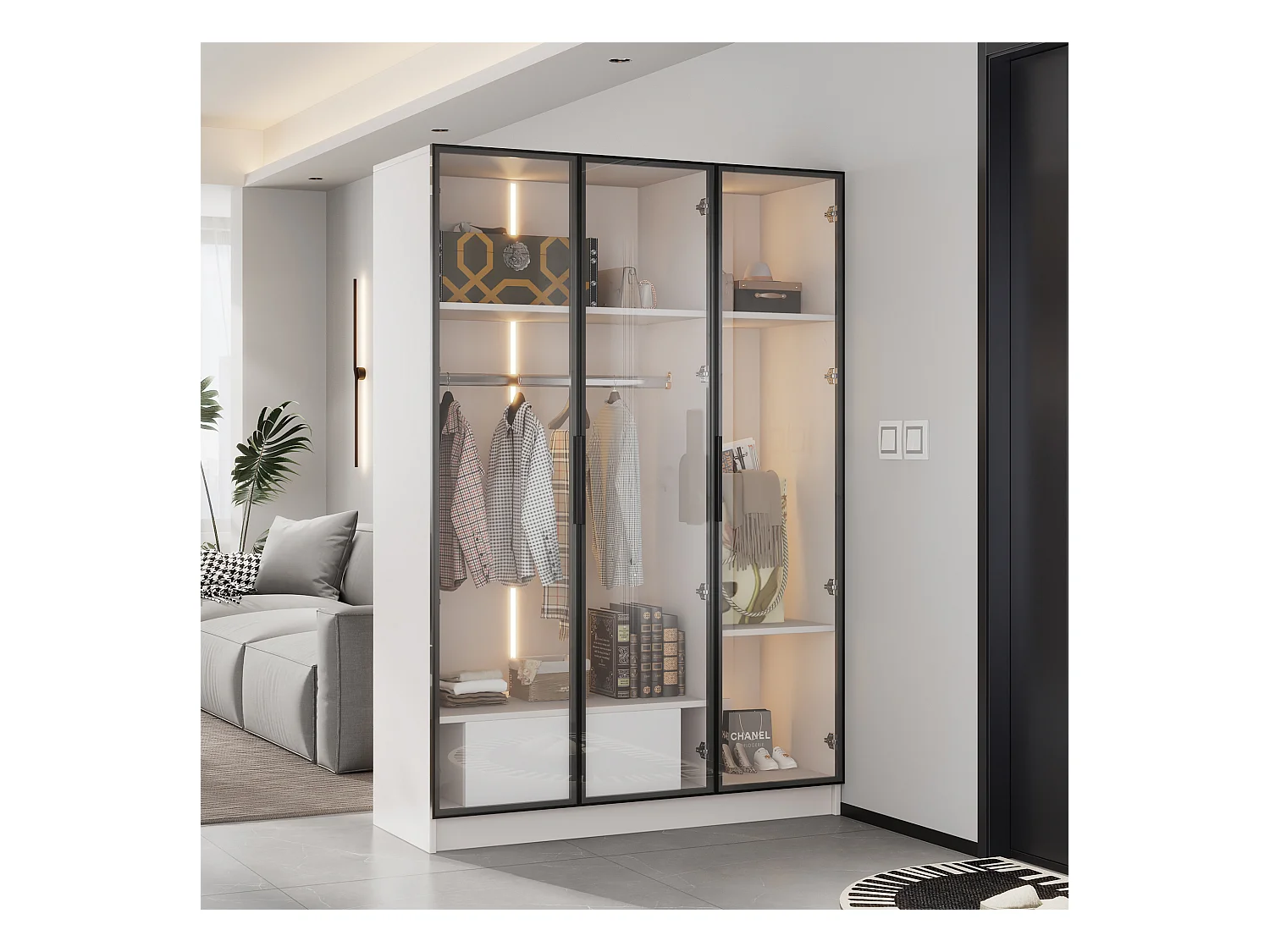 Kledingkastset, witte kledingkast met 3 glazen deuren, lade, plank en LED-lamp (110x50x160 cm)