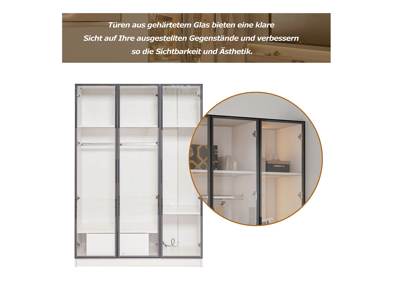 Kledingkastset, witte kledingkast met 3 glazen deuren, lade, plank en LED-lamp (110x50x160 cm)