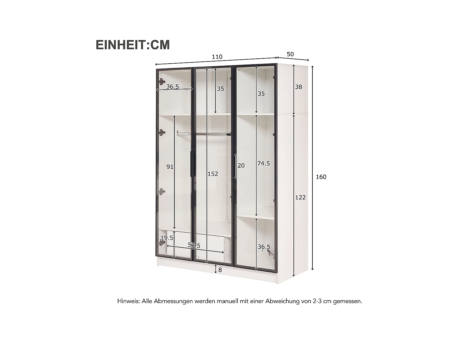 Kledingkastset, witte kledingkast met 3 glazen deuren, lade, plank en LED-lamp (110x50x160 cm)