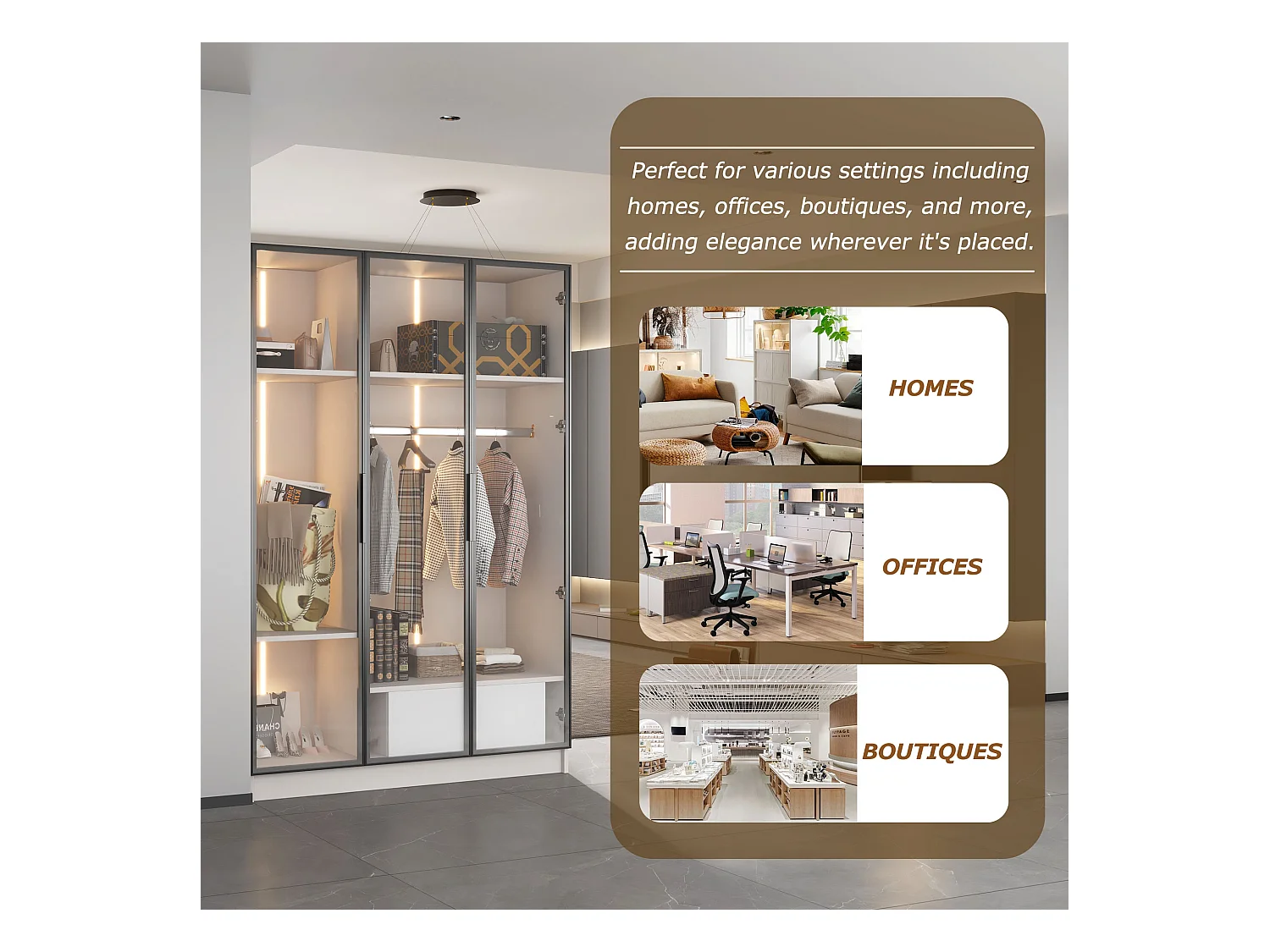 Kledingkastset, witte kledingkast met 3 glazen deuren, lade, plank en LED-lamp (110x50x160 cm)