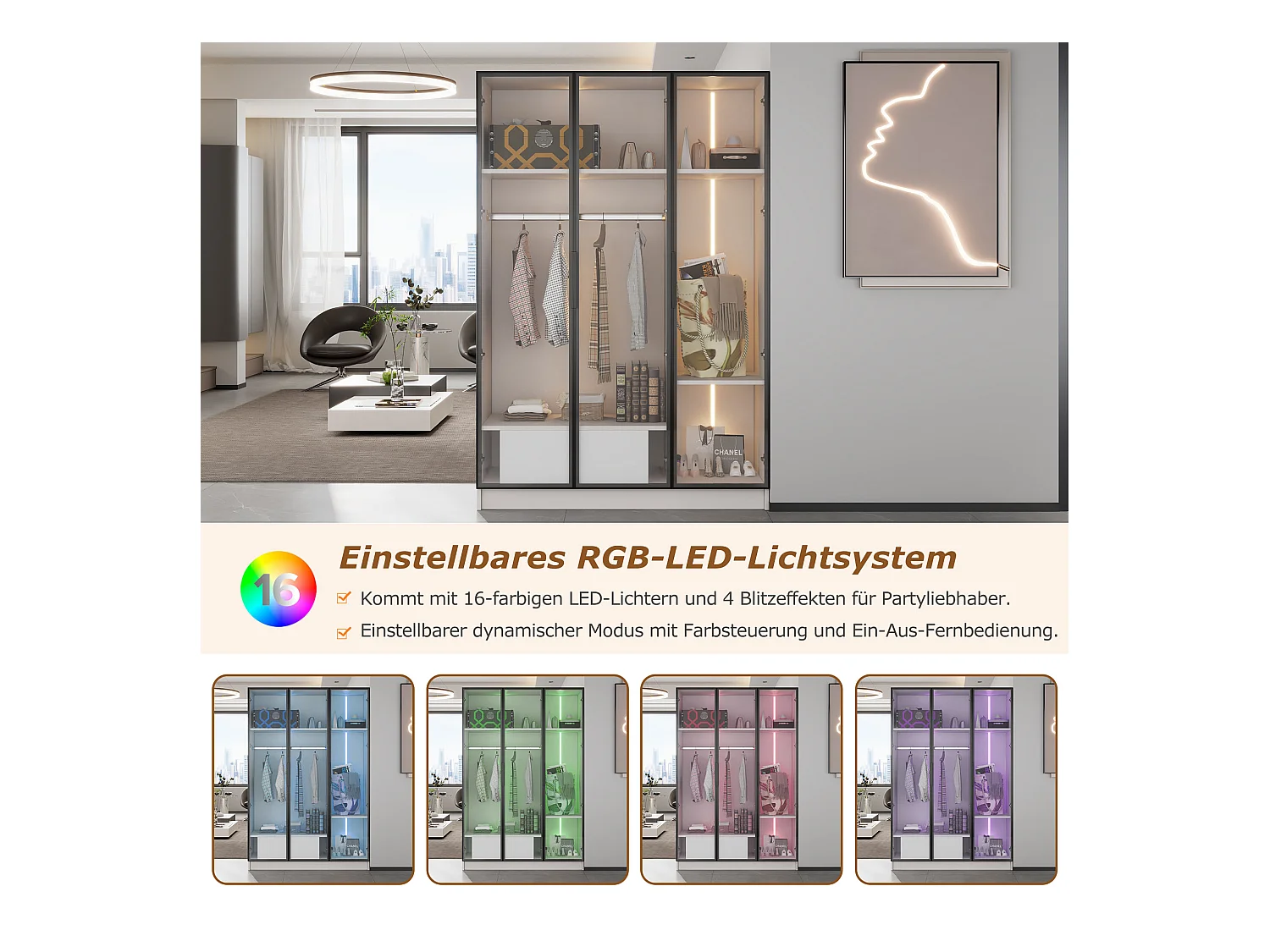 Kledingkastset, witte kledingkast met 3 glazen deuren, lade, plank en LED-lamp (110x50x160 cm)