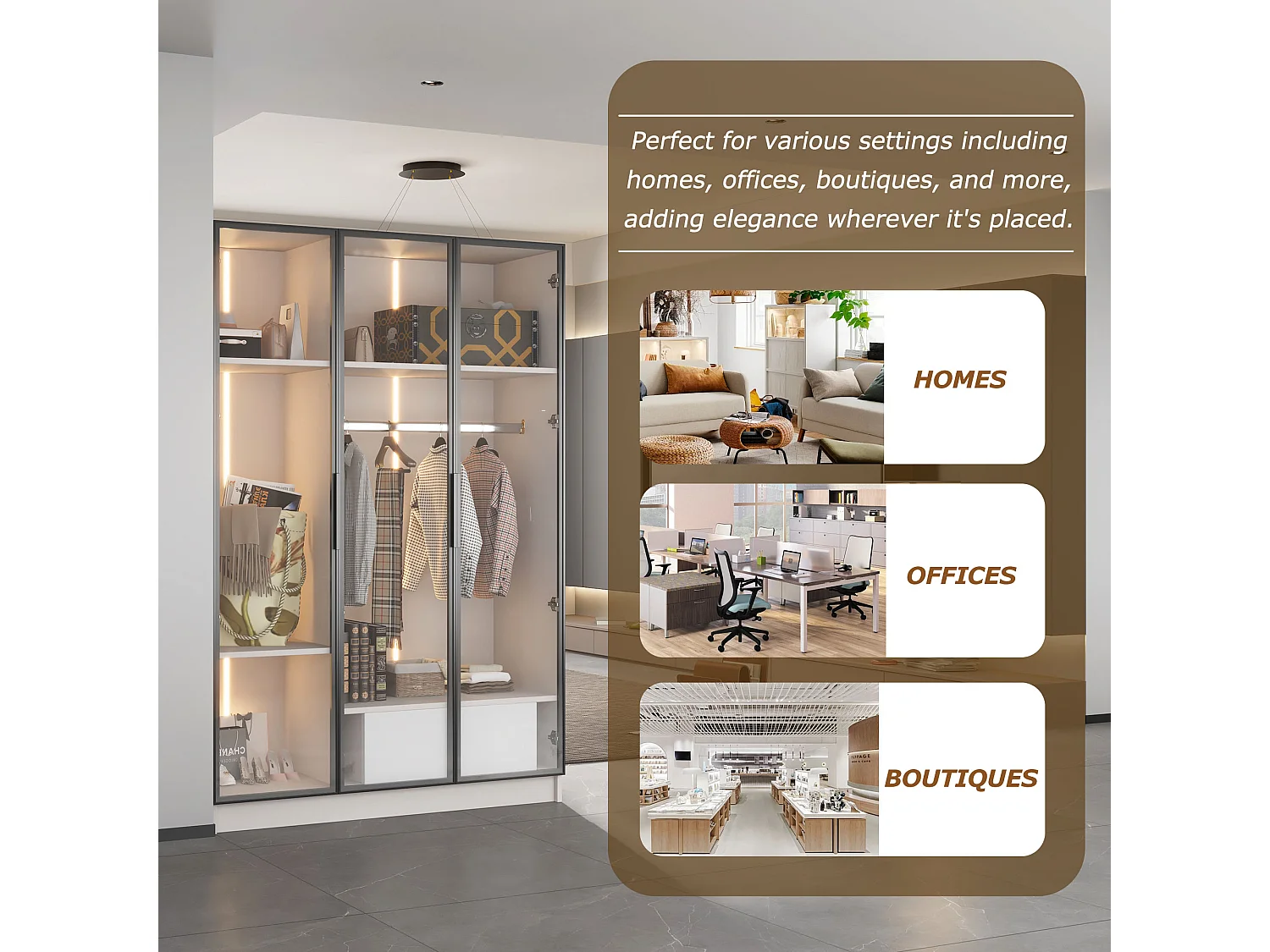 Garderobenset, Weißer Kleiderschrank mit 3 Glastüren, Schublade, Regal und LED-Licht (110x50x160 cm)